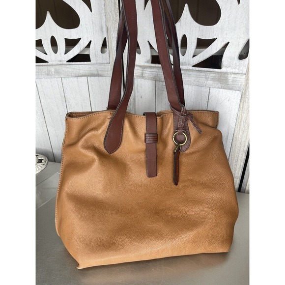 Lucky Brand Womens Lucky Classic Leather Tote Bag Tan/Brown Top Handle - Picture 1 of 11